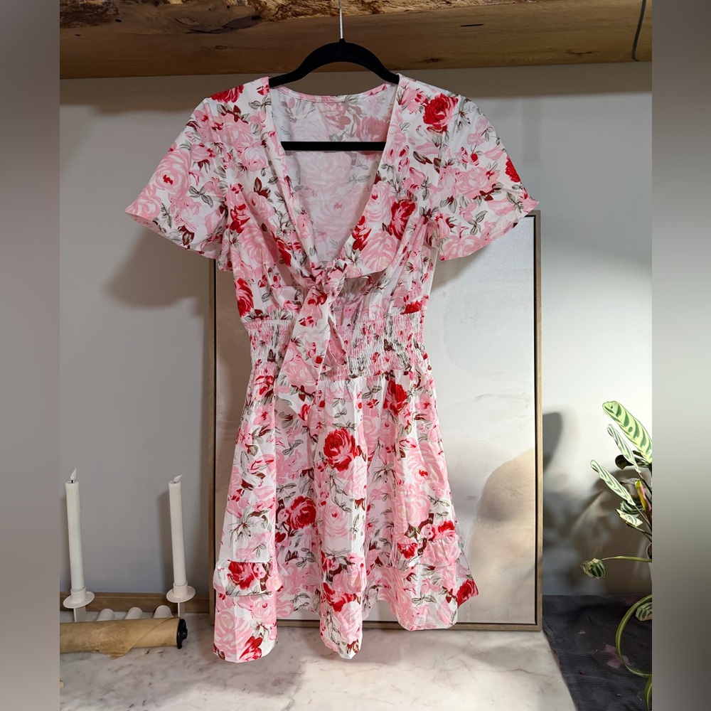 NWOT Floral White & Pink Tie-Front Summer Dress with Elastic Waist